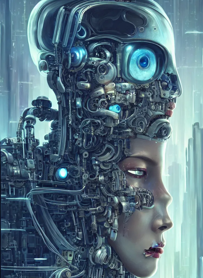 Image similar to beautiful crying! female mechanical android!, half portrait, intricate detailed environment, photorealistic!, octane render, concept art, cinematic, interstellar, ultra detailed, sharp, el dia los muertos!, cyberpunk, bladerunner, 8 k, by angus mckie, moebius, maciej kuciara, stanley lau, artgerm, greg rutkowski