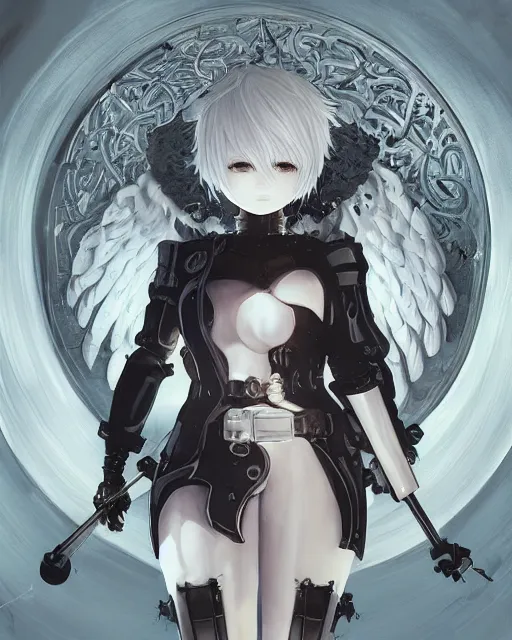 Prompt: hybrid nierautomata painting, ambient lighting, angel relief, cute - fine - face, infinitely detailed architectures