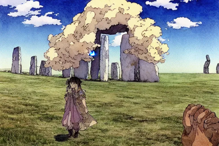 Image similar to a hyperrealist studio ghibli watercolor fantasy concept art. in the foreground is a giant hand coming down from the sky holding a stone. in the background is stonehenge. by rebecca guay, michael kaluta, charles vess