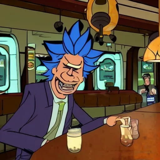 Prompt: A photo of Rick Sanchez in a bar filled with strange aliens