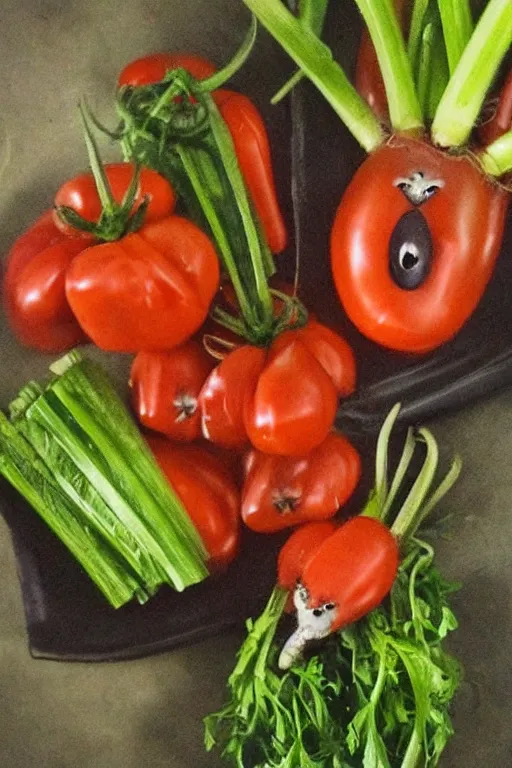 Image similar to portrait of rabbit, demon eyes, dracula fangs! haunted house, celery tomatoes carrots in background