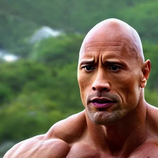 Prompt: dwayne the rock johnson's head, his body is a rock on a hill side, short grass