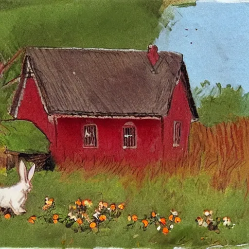 Image similar to a rabbit sitting in front of a swedish red cottage, in the style of anders zorn