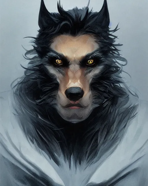 Image similar to '' Face portrait of a handsome werewolf with a black leather coat, short hair , fantasy, d&d, high detail, digital painting, artstation, concept art, sharp focus, illustration, art by greg rutkowski and alphonse mucha ''