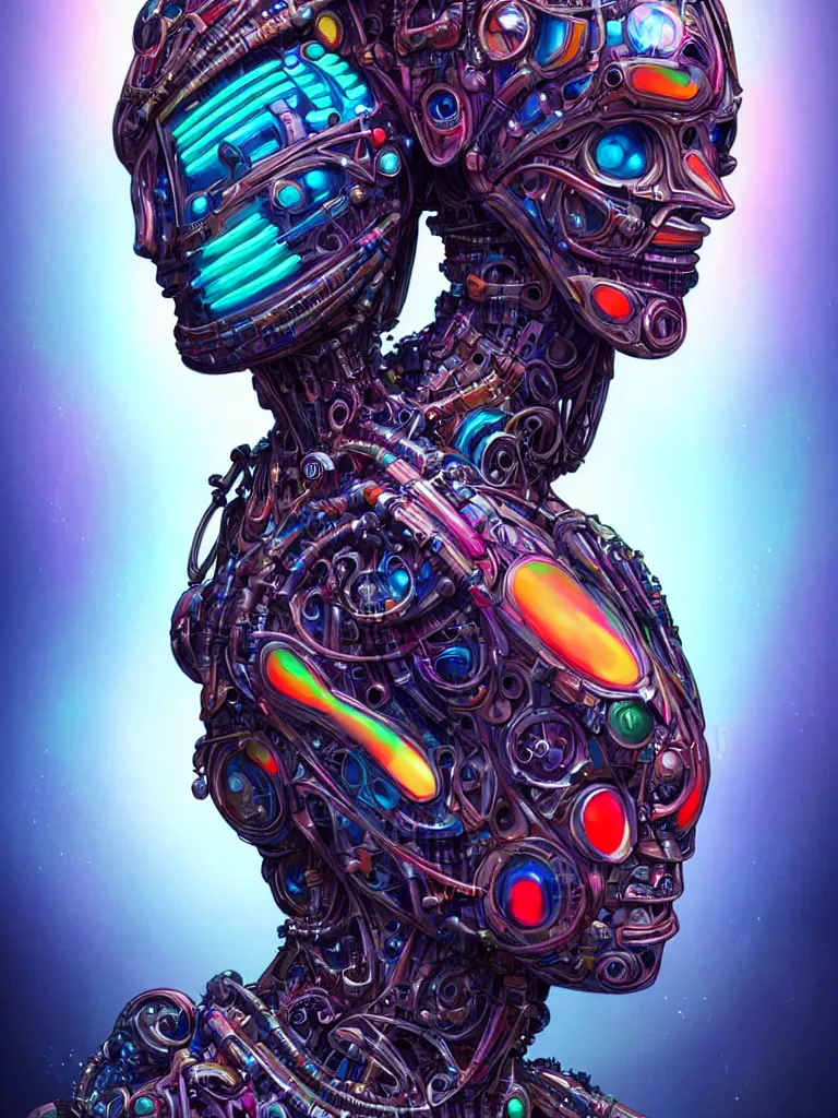 Prompt: full lenght shot woman in biomechanical dress, wearing epic bionic cyborg implants of different colors, by dan mumford, masterpiece, intricate, biopunk futuristic wardrobe, highly detailed, artstation, concept art, background galaxy, cyberpunk colors, art by artgerm