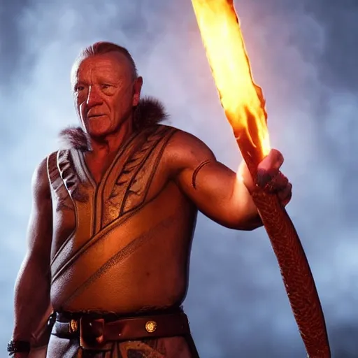 Prompt: Antony Hopkins wearing a leather barbarian tunic holding a glowing fire magical staff. Trending on Artstation, octane render, ultra detailed, art by Ross tran