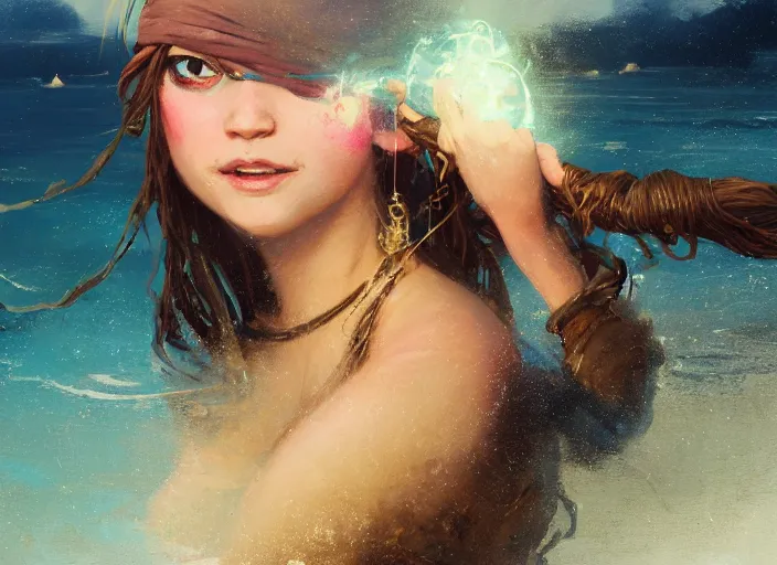 Image similar to wide view picture of a pirate girl, looking at the treasure box, hard breathing, messy hair, very excited, smiling, sparkling eyes, magic and fantasy, whale monsters, beautiful and aesthetic and attractive and detailed face, specular reflection, occlusion shadow, intricate, bokeh, masterpiece, by ilya kuvshinov and jeremy lipking and quentin mabille