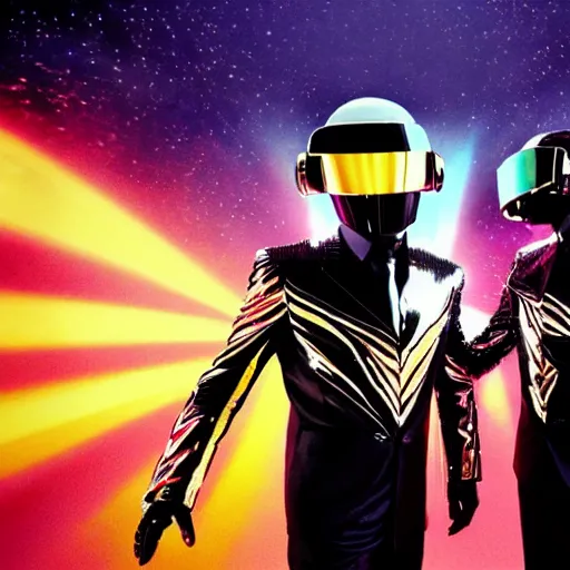 Prompt: photograph of Daft Punk ascending from Heaven to bestow humanity their new album