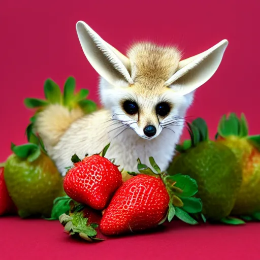 Prompt: baby fennec sneezing on a strawberry, studio photo, droplets, backlit ears