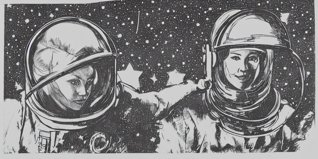 Image similar to etching portrait of a woman wearing a space helmet, scifi, big clouds visible in the background, stars in the sky, high contrast, deep black tones