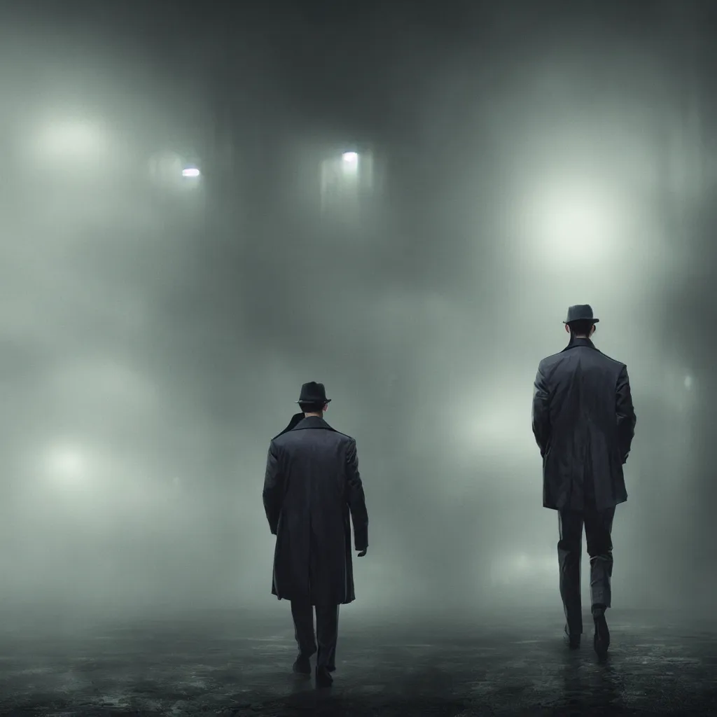 Prompt: ONE SINGLE detective in trench coat looking away from the camera, cyberpunk, futuristic, technology , cinematic lighting, depth of field, highly detailed, volumetric fog, dark, moody, gritty