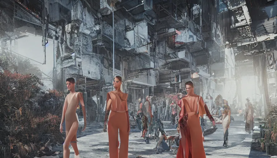 Image similar to Fashion Catwalk rendering in a futuristic favela, Hazy Atmosphere, Cinematic Lighting, Wallpaper, Octane, Redshift, 4k