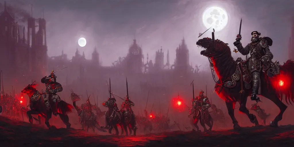 Prompt: highly detailed portrait painting of victorian warhammer battle, old abadia in the background, full red moon, by eddie mendoza and tyler edlin, 8 k resolution