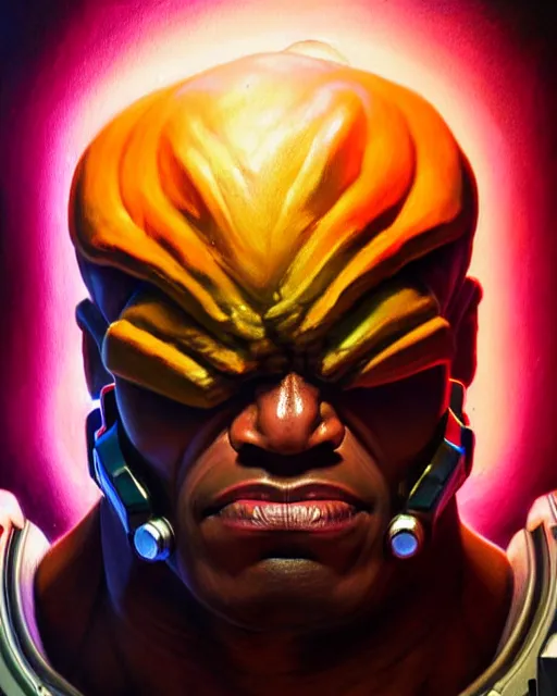 Image similar to doomfist from overwatch, elegant, confident, smug, ripped, buff, strong, colorful, fantasy, fantasy art, character portrait, portrait, close up, highly detailed, intricate detail, amazing detail, sharp focus, vintage fantasy art, vintage sci - fi art, radiant light, caustics, by boris vallejo