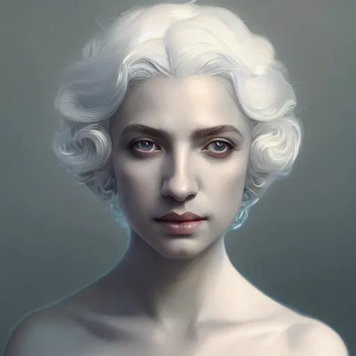 Image similar to white haired aristocrat, bust portrait, gentle, solemn face, cloth, female, city landscape, d & d, fantasy, intricate, elegant, digital painting, white grey color palette, artstation, octane render, concept art, matte, sharp focus, illustration, herrarthstone, art by artgerm and greg rutkowski and alphonse mucha