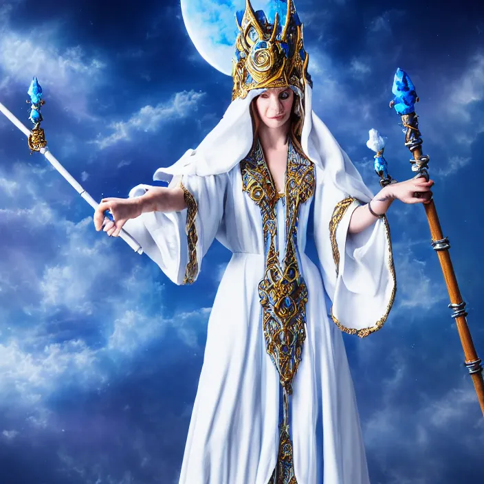 Image similar to photograph of a real-life beautiful sky witch with ornate white and blue robes and staff. Extremely detailed. 8k