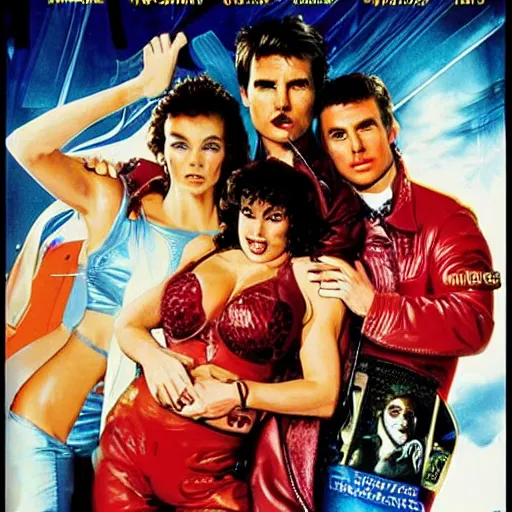 Prompt: tom cruise as a pimp surrounded by prostitutes, molecular gastronomy, in the style of weird science movie poster artwork