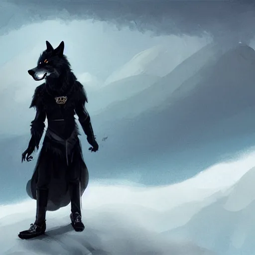 Prompt: an anthropomorphic wolf in a black doublet looking out over the hills, artstation hq, stylized, greg rutkowski, sharp focus, concept art, furaffinity fursona, furry