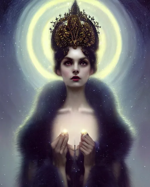 Image similar to Nocturne, glowing, stars, a portrait of a beautiful female shadow djinn creature with long fur collar, highly detailed, mysterious, ethereal, dressed in velvet and gold jewelry, haute couture, illustration, dramatic lighting, soft details, painting, by Edmund Blair Leighton, Brom, Charlie Bowater, trending on artstation, faces by Tom Bagshaw, otto schmidt