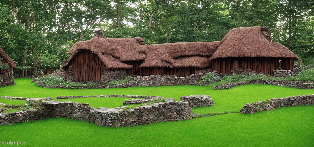 Prompt: scottish blackhouse designed by daniel burnham. outdoor landscaping designed by roberto burle marx. fujinon premista 1 9 - 4 5 mm t 2. 9. portra 8 0 0.