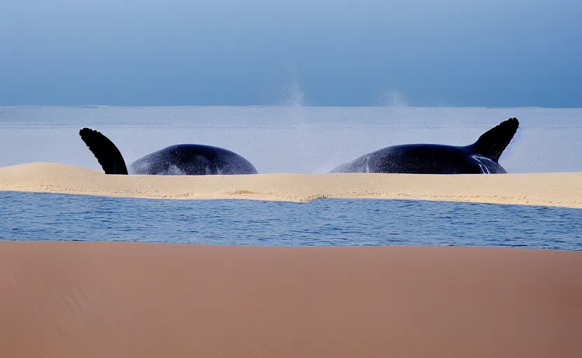 Image similar to standing whales in sand dunes, photography