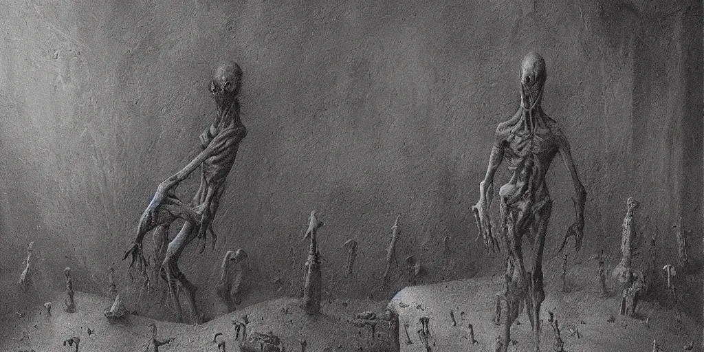 Image similar to demonic alien with long fingers at the foot of the bed in a dark room surrounded by tombstones and floating cows, Beksinski