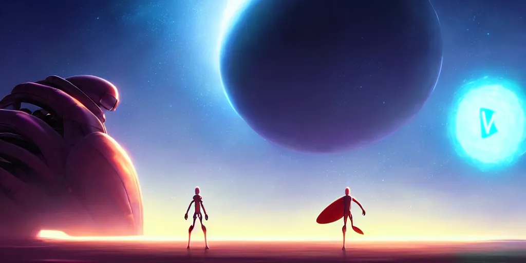 Image similar to an alien artificial intelligence surfing through cosmos, studio ghibli, pixar and disney animation, sharp, rendered in unreal engine 5, anime key art by greg rutkowski, bloom, dramatic lighting