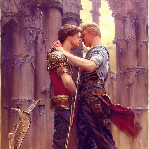 Image similar to attractive arthur pendragon confesses his love to attractive male merlin. highly detailed painting by gaston bussiere, craig mullins, j. c. leyendecker 8 k