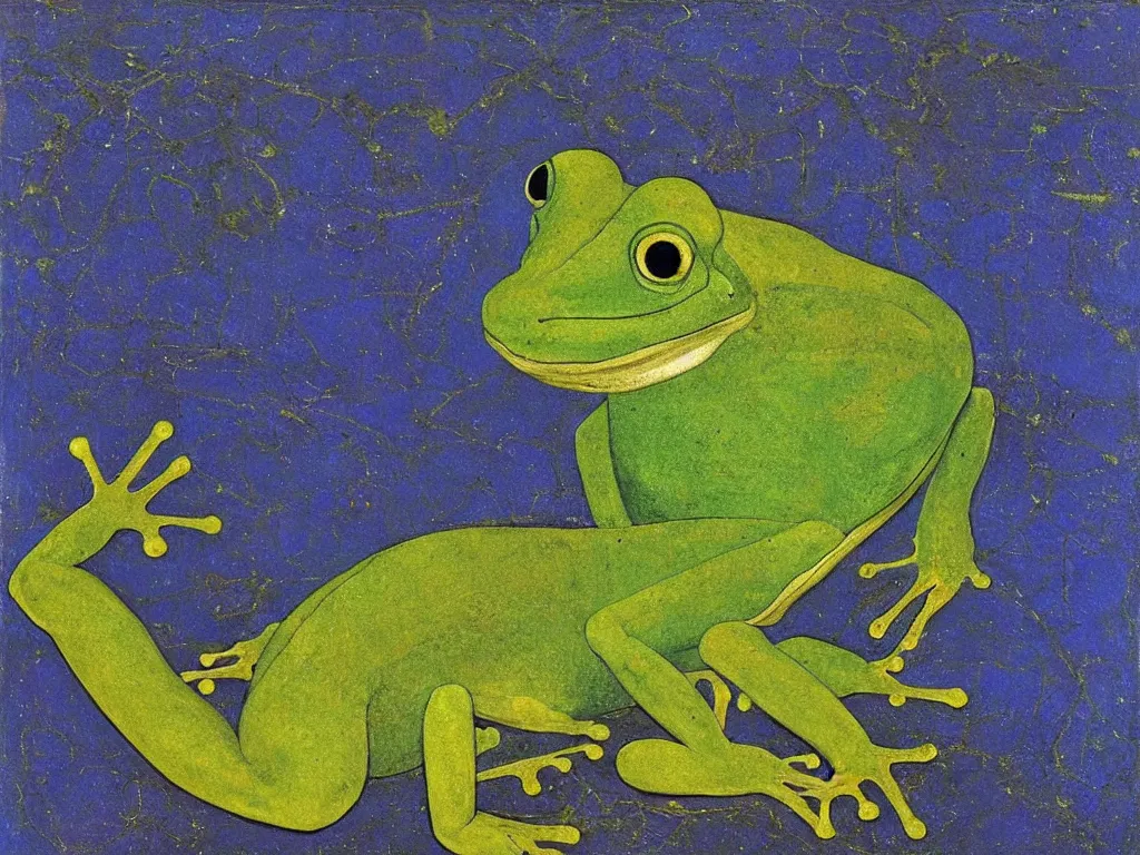 Prompt: portrait of a frog. lapis lazuli, malachite, turqouise, gold. painting by piero della francesca, balthus, agnes pelton