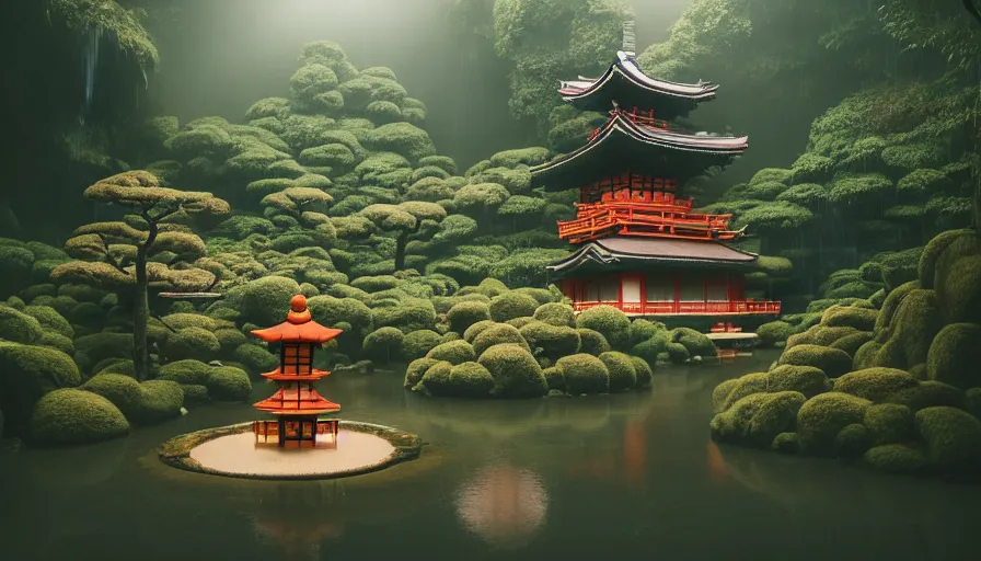 Prompt: 35mm film still of a very cozy and surreal magical Japanese temple in a lush waterfall garden, epic large temple in the style of Gucci and Wes Anderson, photographed by Petra Collins, glowing lights and floating lanterns, foggy atmosphere, rainy, moody, muted colors, magic details, very detailed, 8k, cinematic look
