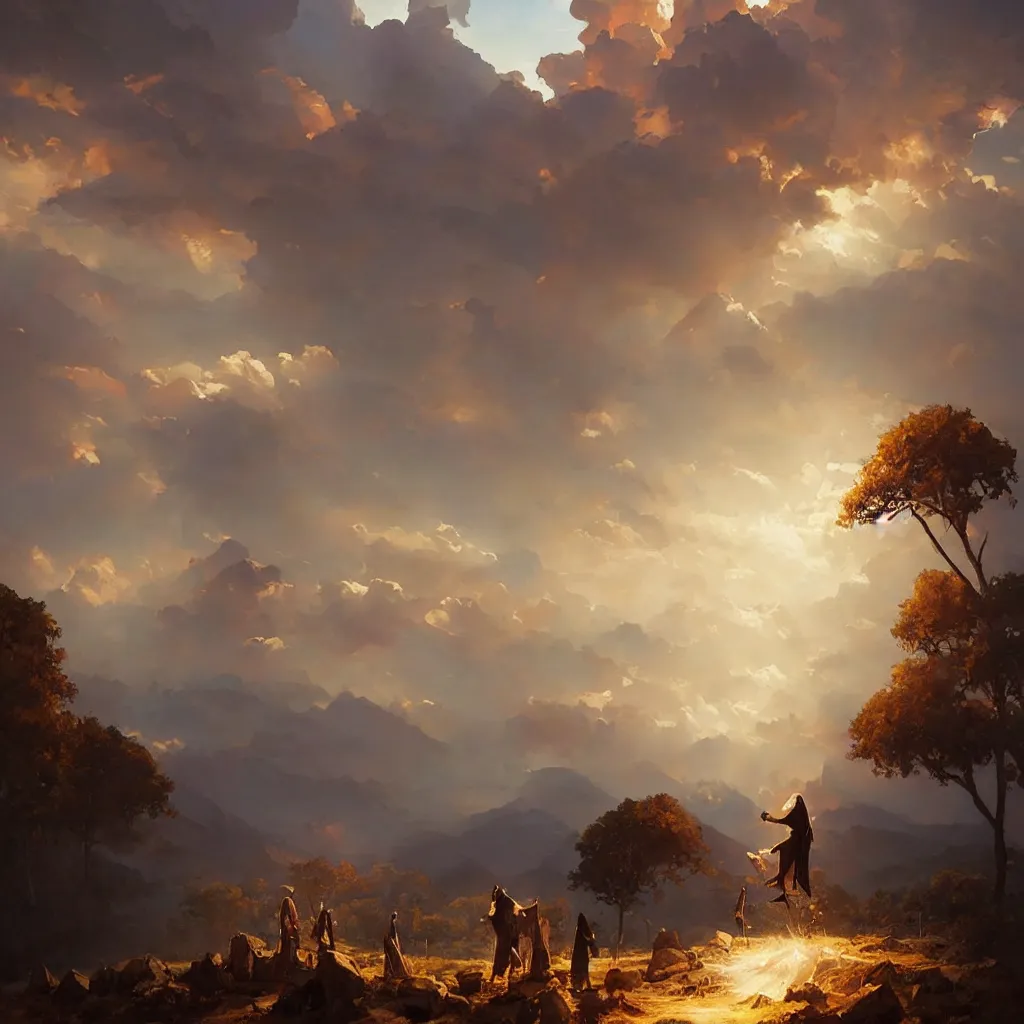 Image similar to a sending down [ of the revelation ] from him who created the earth and the lofty heavens, overdetailed art, by greg rutkowski, by rhads, sharp focus, man standing