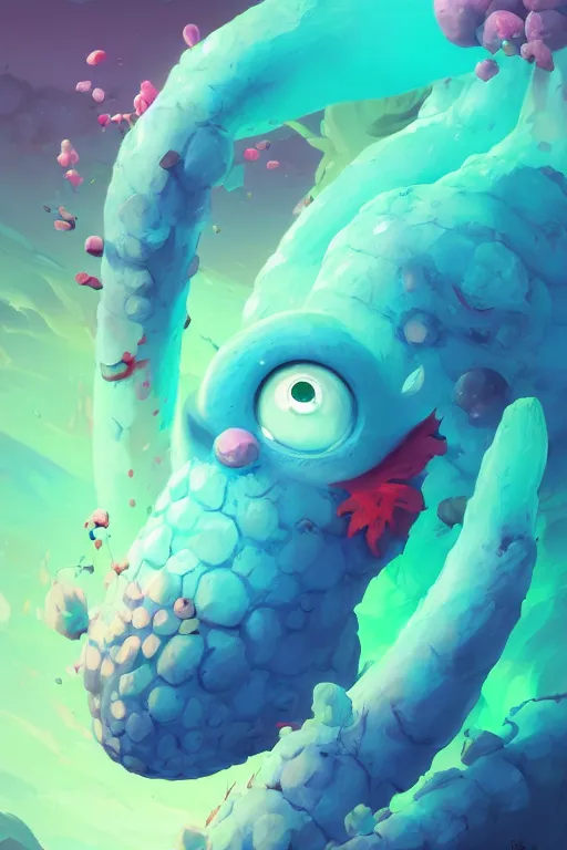 Image similar to smurf ghost creature animal sushi cristal very big eye roots cactus elemental flush of force nature micro world fluo fishscale, behance hd by jesper ejsing, by rhads, makoto shinkai and lois van baarle, ilya kuvshinov, rossdraws radiating a glowing aura global illumination ray tracing hdr