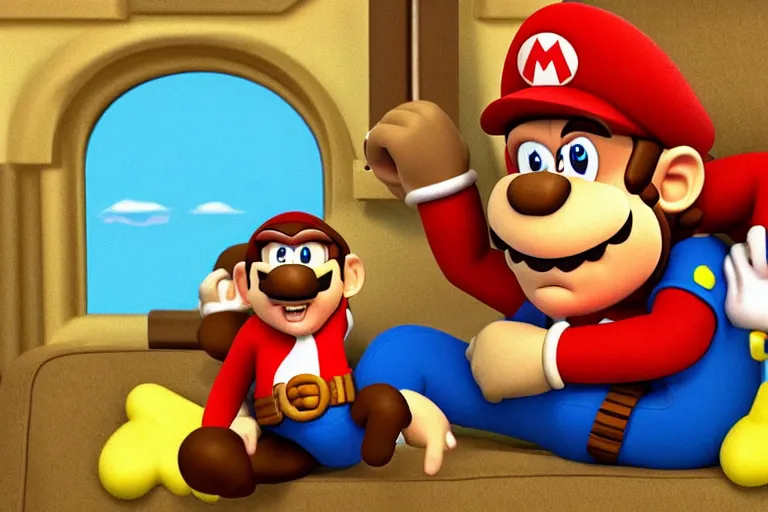 Prompt: a photo made with a disposable camera of Donkey Kong sitting next to Super Mario on the couch while playing a video game