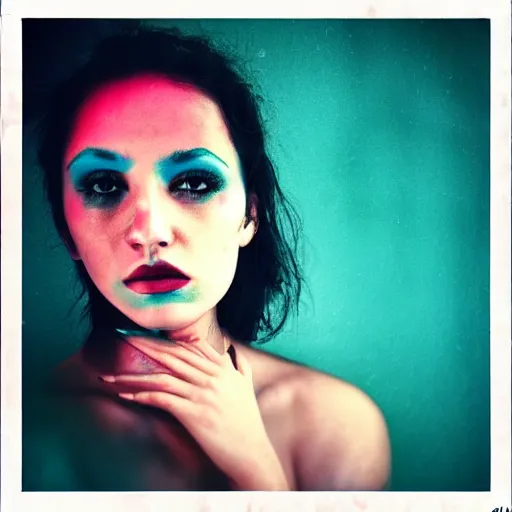 Image similar to a photo of a beautiful woman. moody and melanchonic. with a little bit of cyan and pink