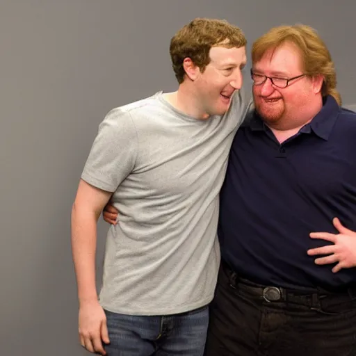 Image similar to Mark Zuckerberg hugging Gabe Newell, photography, realistic