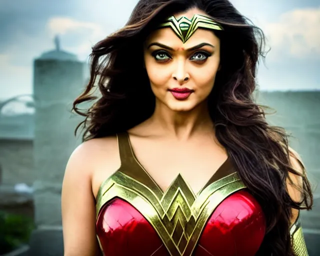 Prompt: a photo of aishwarya rai as a wonder woman, hyper realistic face, beautiful eyes, cinematic, long shot, hyper detailed, 8 5 mm photograph, 8 k resolution, film still, sharp lens, wide lens