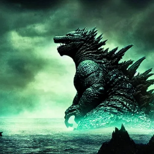 Image similar to godzilla vs cthulhu epic cinematic