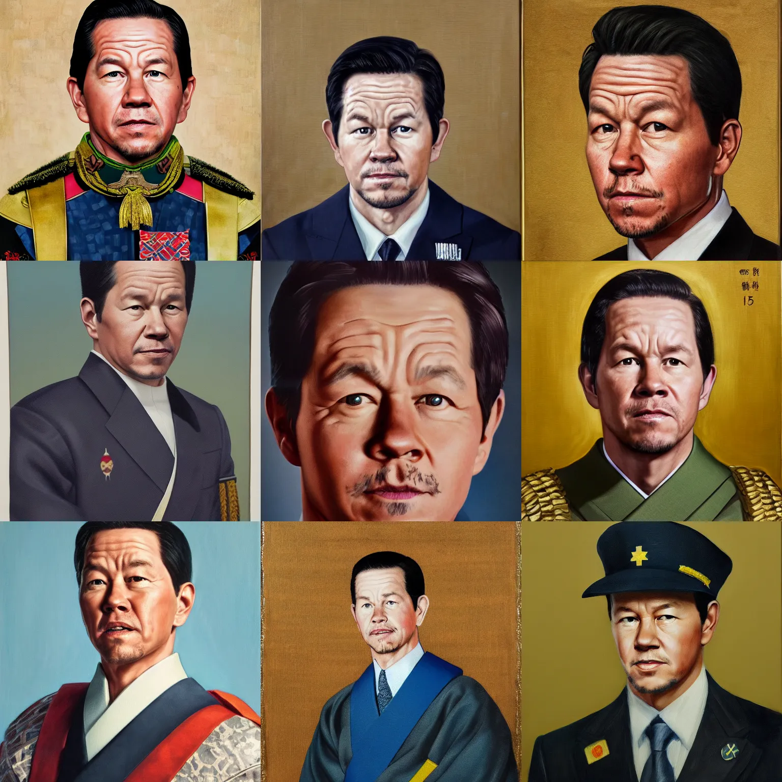 Prompt: official portrait of mark wahlberg as the emperor of japan, 1 9 4 5. oil on canvas trending on artstation