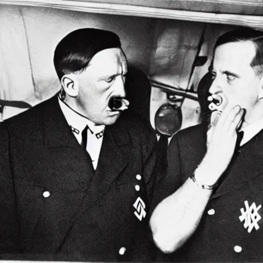 Prompt: UHD candid photo of Hitler and Hunter Biden doing blow, accurate faces, UHD, photorealistic, correct face, photo by Annie Leibowitz