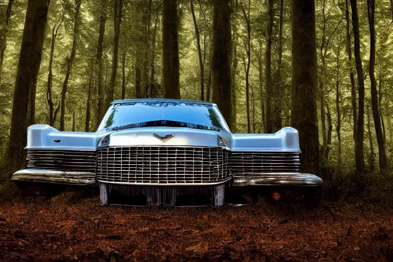 Image similar to a beautiful widescreen photo of a old cadillac upsidedown in a dark forest, mushrooms, in a dark forest low light, by dimitri mellos