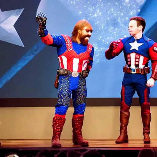 Prompt: uhd hyperdetailed candid photo of cosmic chuck norris dressed as captain america, wearing extremely intricate costume. elon musk presenting an award. photo by annie leibovitz