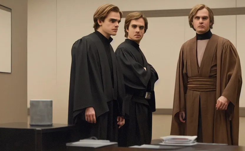 Image similar to anakin skywalker played by hayden christensen wearing jedi robes talking to a lawyer saul goodman wearing a suit in court, better call saul court scene 1 0 8 0 p, jimmy mcgill in court, court session images, realistic faces