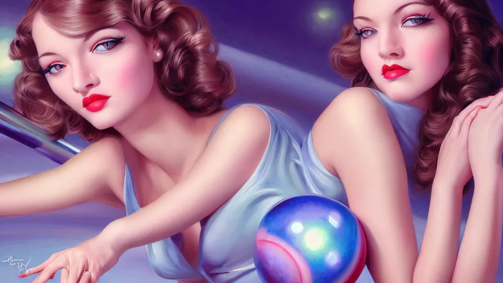 Prompt: art deco bowling alley, cute girl bowling, photo, ultra detail, photoreal, professionally retouched, soft moonlight lighting, shiny plastic miniskirt, realistic, smooth face, goddess, luscious lips, perfect eyes, wide angle, sharp focus on eyes, 8 k high definition, insanely detailed, intricate, elegant, art by artgerm and wlop