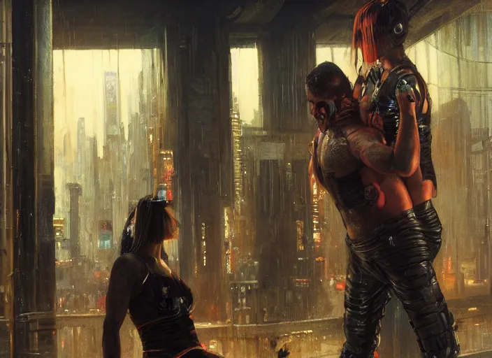 Image similar to cyberpunk pro wrestling match ( blade runner 2 0 4 9, dystopian, cyberpunk 2 0 7 7 character design ). orientalist portrait by john william waterhouse and james gurney and theodore ralli and nasreddine dinet, oil on canvas. cinematic, hyper realism, realistic proportions, dramatic lighting, high detail 4 k