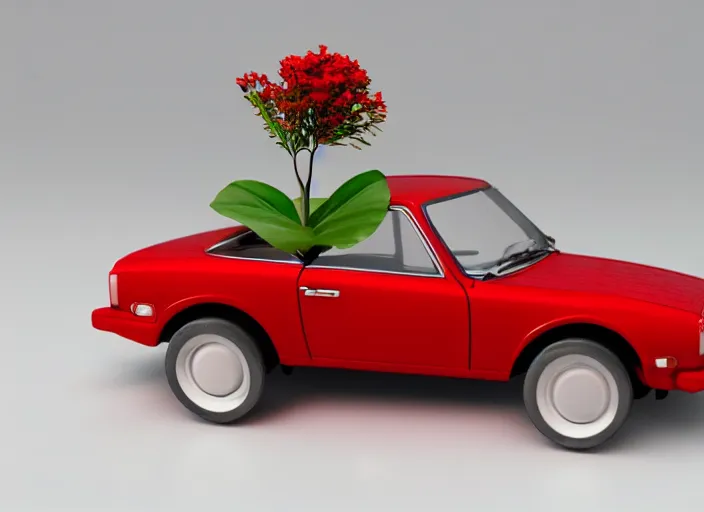 Image similar to a small miniature of a red Datsun 1200 on a white table near a book and a vase with a plant, 3d render, octane render, unreal engine 5, path tracing, serene landscape, calm, relaxing, beautiful landscape, highly detailed, high quality, 4k, symmetrical, low contrast