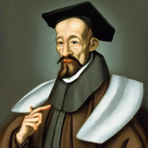 Image similar to theologian john calvin as a cyborg, resembles a robot, metal surface