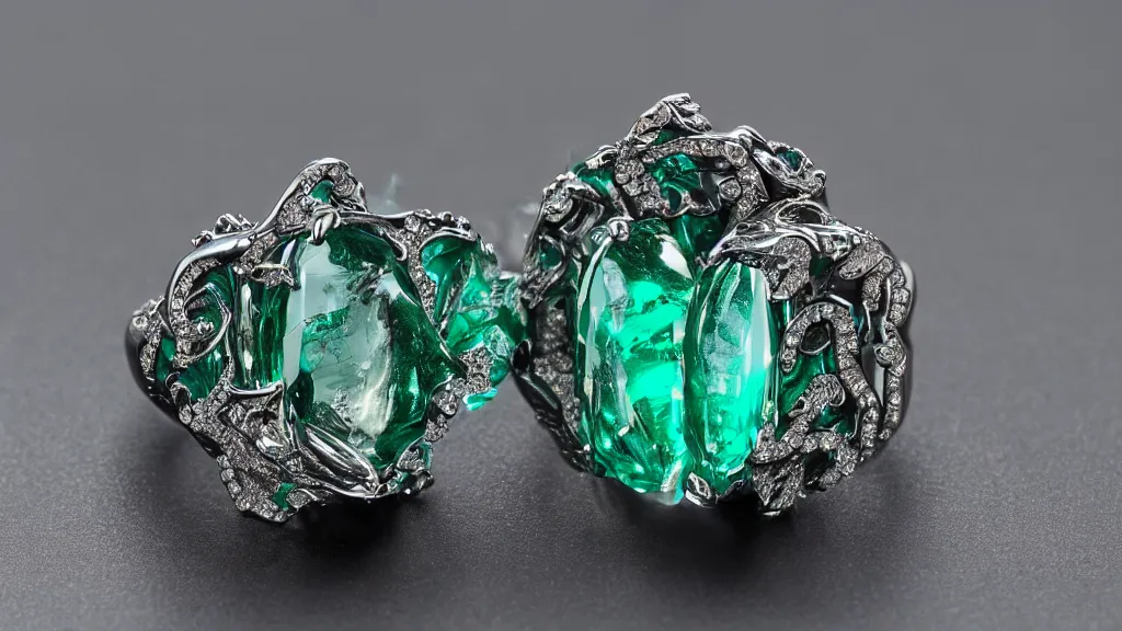 Image similar to a ring trapping a demon soul on emerald crystals inspired by tiffany co