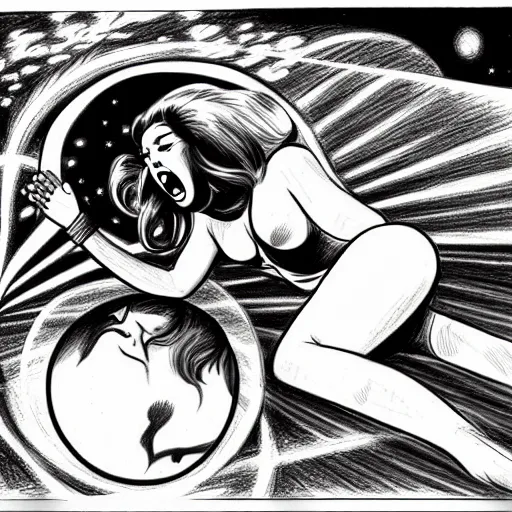 Prompt: a beautiful drawing of a symmetrical woman full body screaming kidnapped by alien invasion on planet earth, ufo style of comics in the year seventies, retro, vintage, visual novel h 1 0 2 4