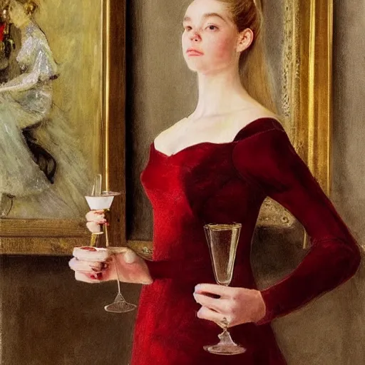 Prompt: elle fanning holding a martini, extremely detailed masterpiece, illustration, by william merritt chase,