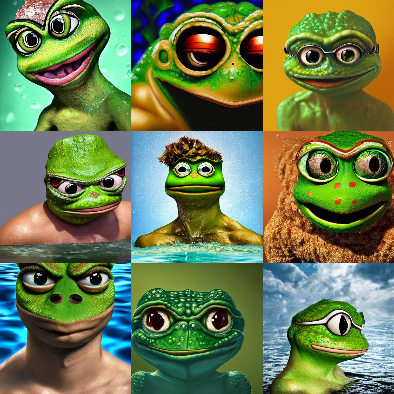 Prompt: a full head photoshot, detailed photograph of gigachad pepe the frog as a warrior in a shallow pool of water, photorealism ultradetailed digital art, golden ratio, art canvas, award winning, masterpiece trending on artstation 8 k